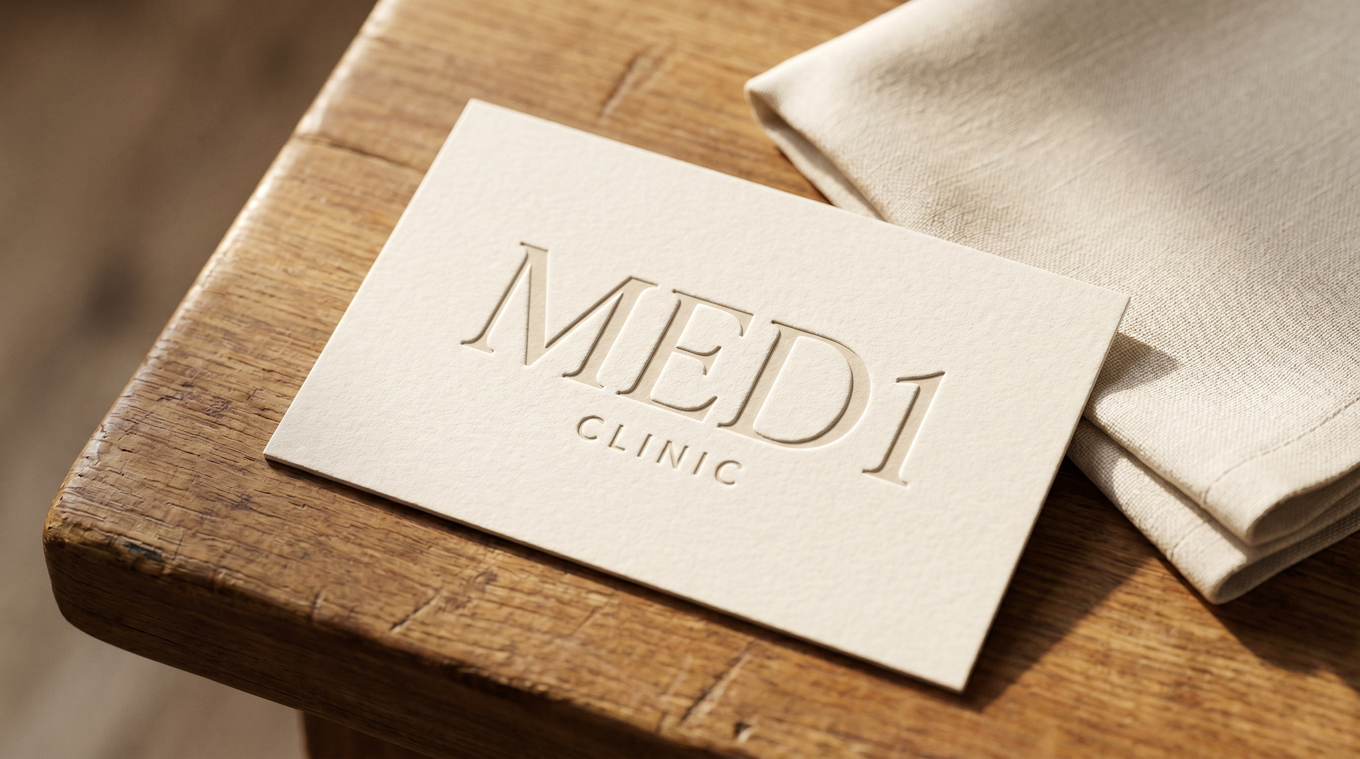 MED1 Clinic embossed letterpress card resting on a warm oak surface beside a folded linen napkin